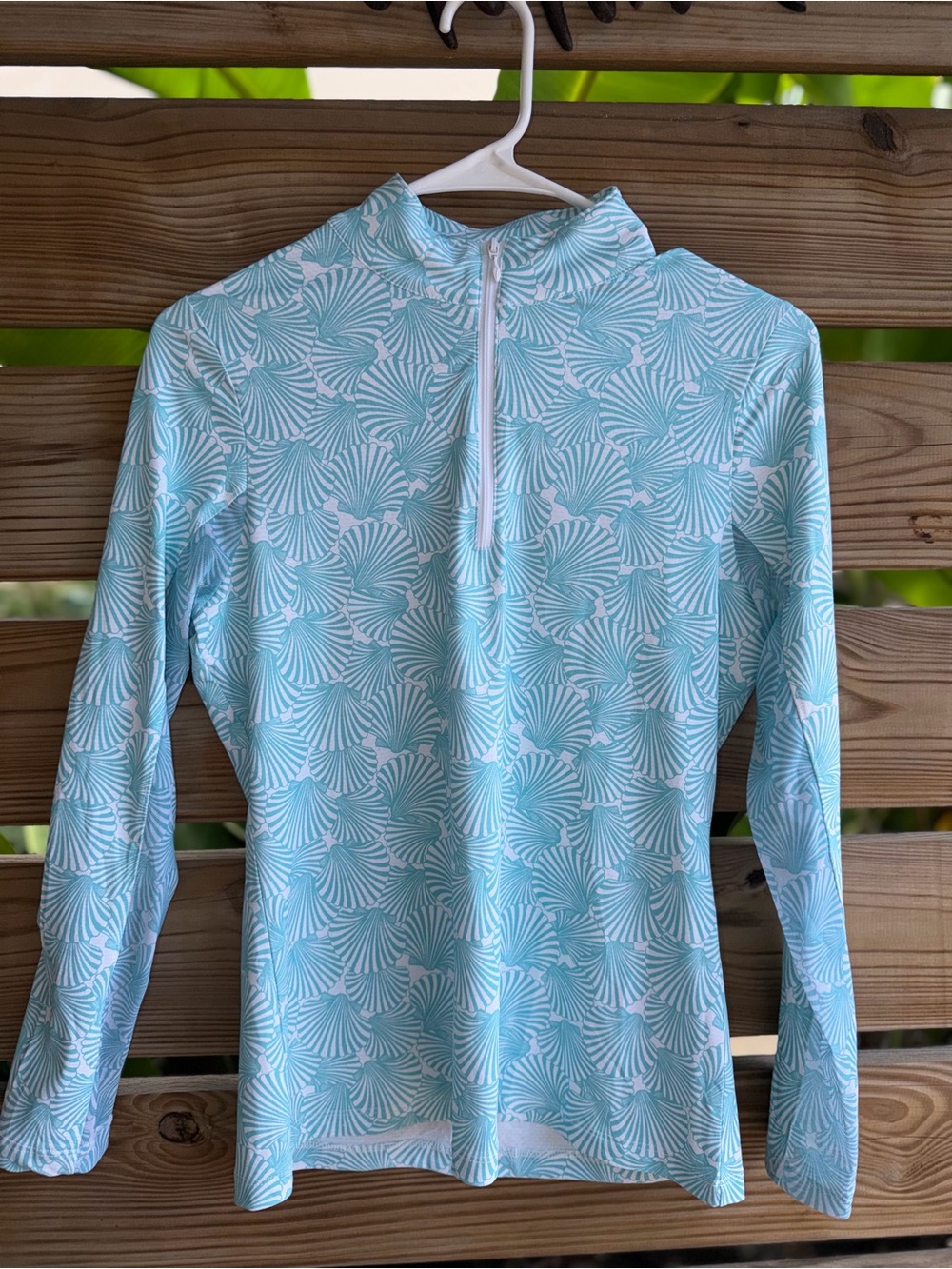 Gottex Light Blue and White Shell-Print Long Sleeve Swim Top